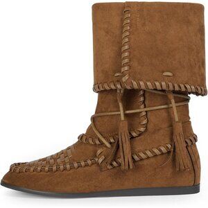 Women's Brown Suede Tassels And Fold-over Casual Comfortable Slouchy Flat Boots